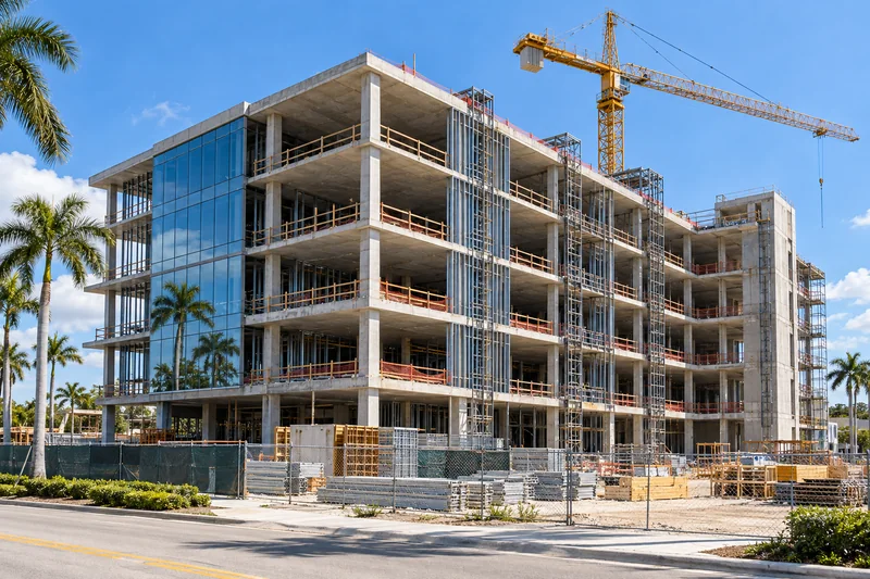 Illustrative building under construction with exposed concrete floors and a tower crane